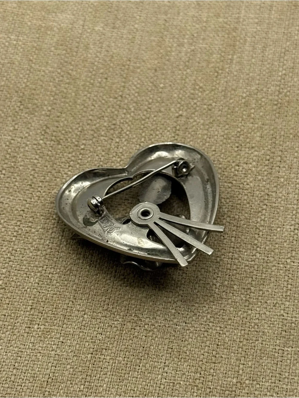 Vintage Coro Silver Heart Floral Brooch with Green Stone